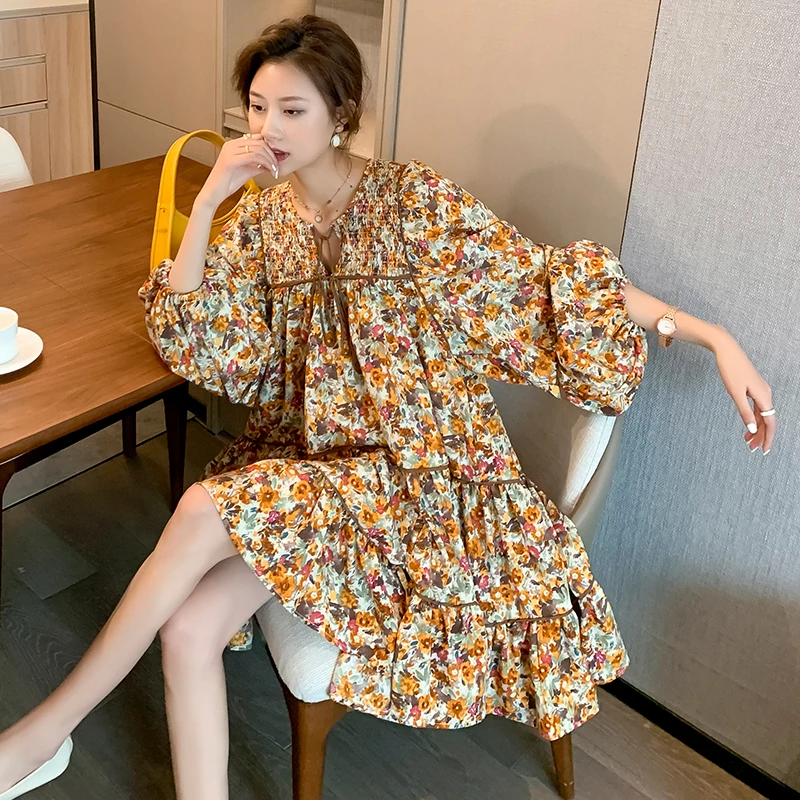 

Wholesale maternity floral dress spring autumn plus size woman clothes ruffles patchwork pregnant woman beach dress yellow shirt