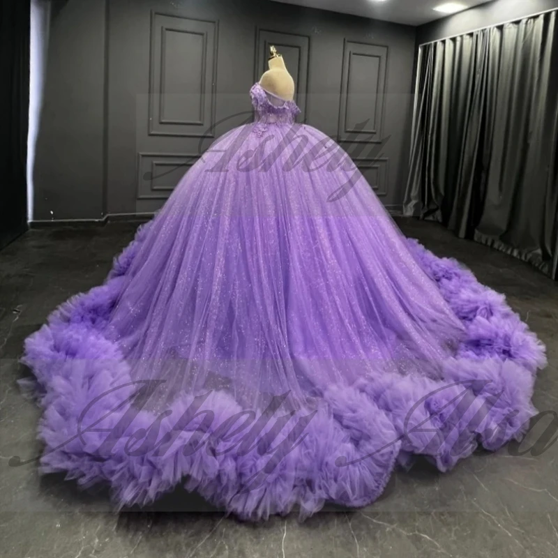 Luxo lavanda princesa 15 quinceanera vestido fora do ombro grânulo applique plissado tule inchado feminino baile de formatura festa de aniversário personalizado