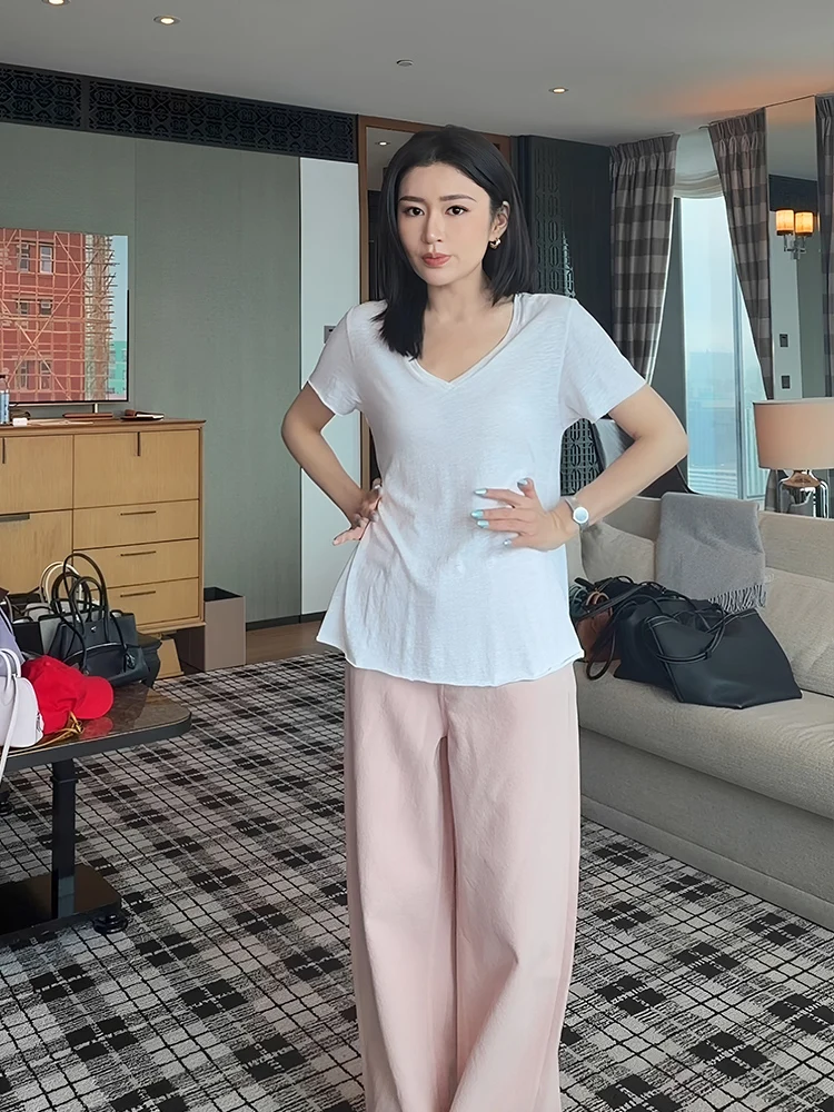 

Женская футболка Le Samedi Slim Fit с коротким рукавом и V-образным вырезом, летняя, повседневная, дышащая, из смесового хлопка, с высокой талией