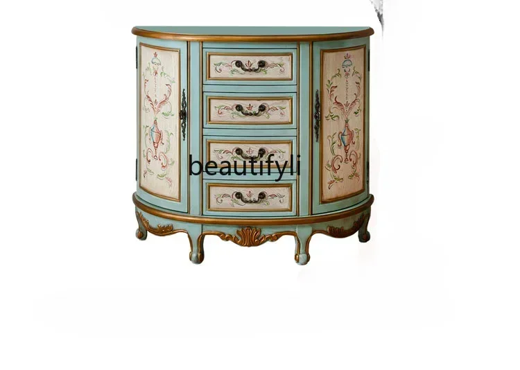 

NewAmerican Style Semicircle Entrance Cabinet Vintage Painted Home Wall Lobby Solid Wood European Style Living Room Side Cabinet