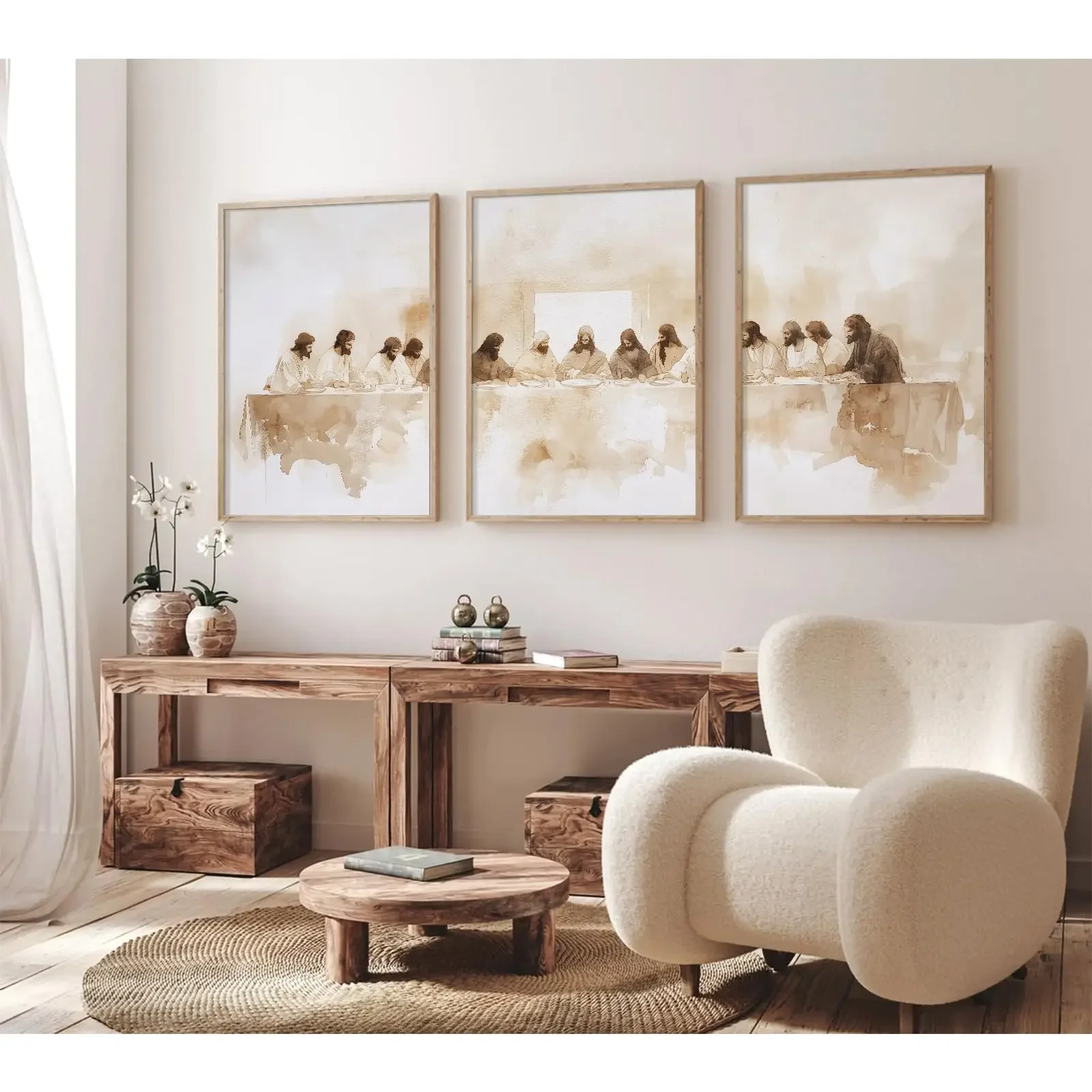 3pcs Minimalist Religious Art Set - No Framed Last Supper & Jesus Canvas Wall Decor for Living Room, Bedroom, Home Office - R