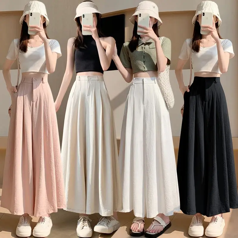 Korean Fashion Summer Thin Skirt Pants Women Solid Ice Silk Zipper Elastic High Waist Hip Hop Loose Straight Wide Leg Trousers