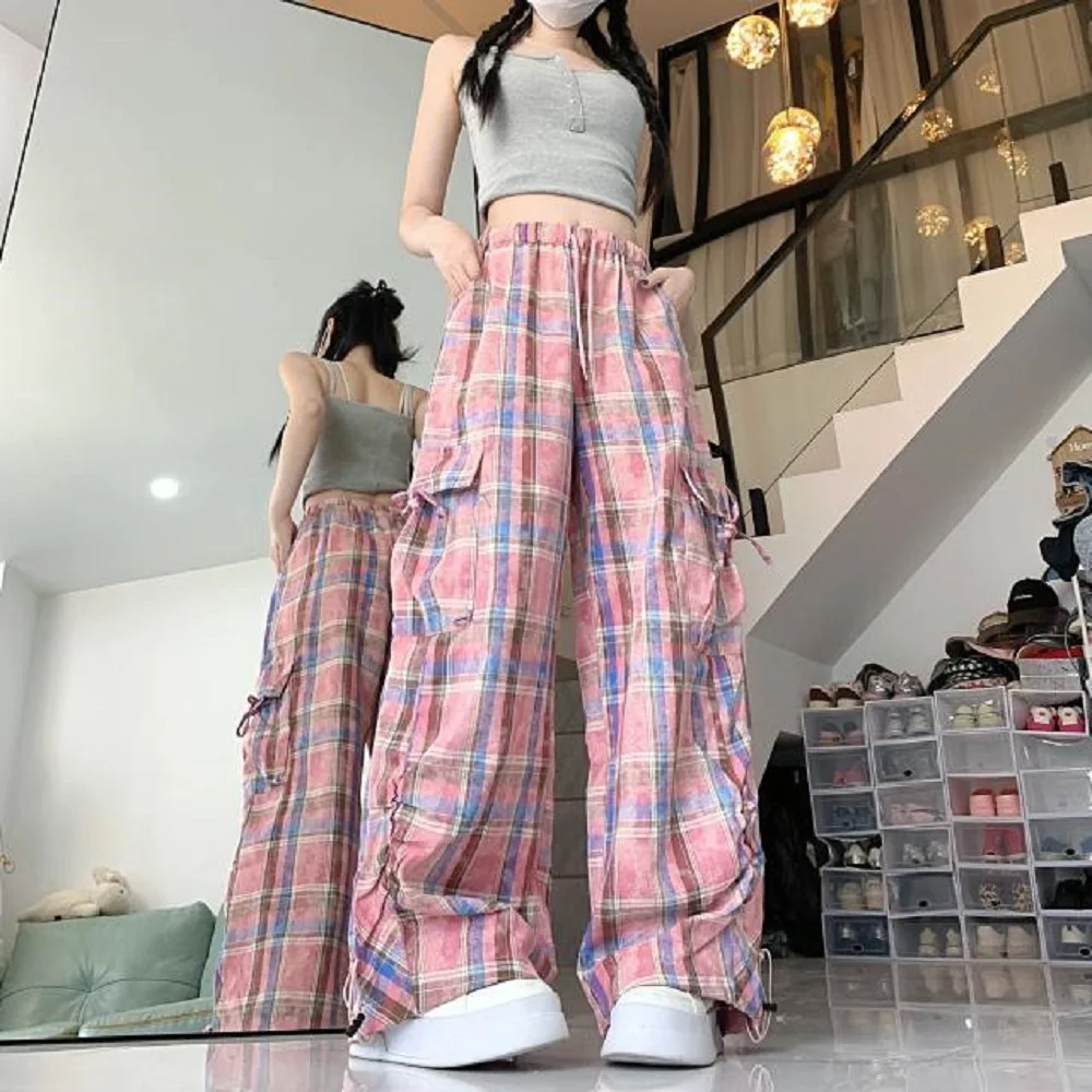 

American Retro Dopamine Plaid Drawstring Double Pocket Work Pants Spring Autumn Straight-Leg Tying Feet Two-Wear Casual Trousers