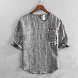 Summer Thin Tie Dye Short Sleeve Men O Neck T Shirts Fashion Pocket Spliced Cotton And Linen Loose 2xl Oversized Clothing Daily