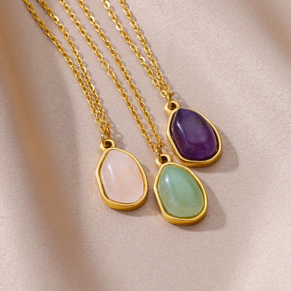 Fashion Stone Opal Oval Necklace For Women Stainless Steel Gold Color Green Stone Pendant Necklace Wedding Aesthetic Jewelry Gif