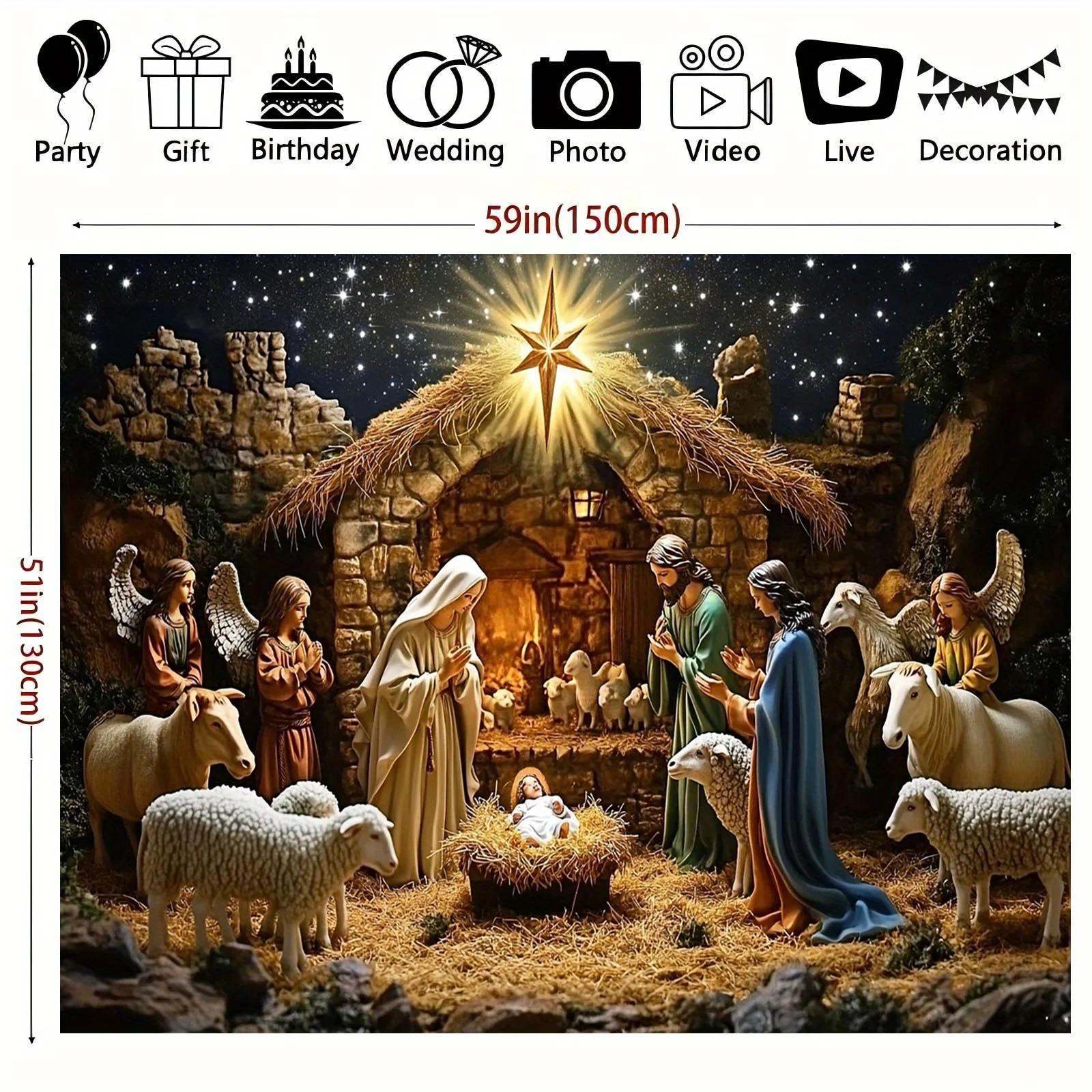 قطعة واحدة من قماش خلفية عيد الميلاد، مشهد ثابت لعيد الميلاد مع الملائكة والأغنام والسماء الليلية المرصعة بالنجوم #4