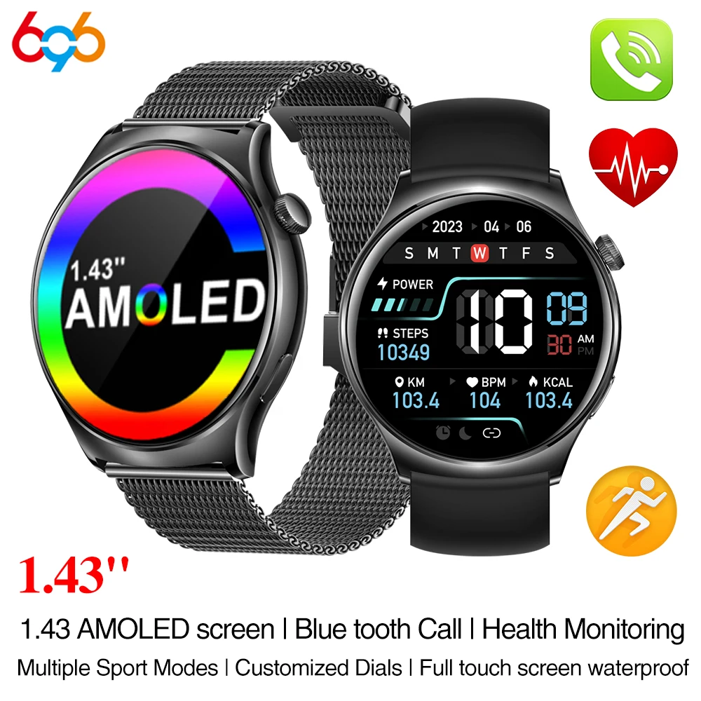 

696 New 1.43" AMOLED Screen Blue Tooth Call Smart Watch Heart Rate Waterproof 100+ Sport Modes Watches Music 2025 Smartwatch
