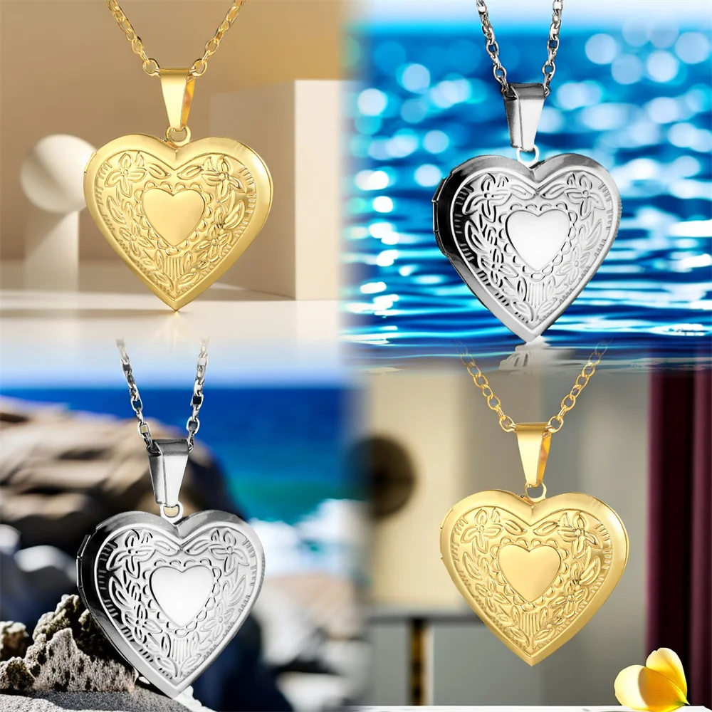 Romantic Love Heart Locket Pendant Necklaces For Women Silver Color Stainless Steel Photo Frame Promise Jewelry Chokers Gift