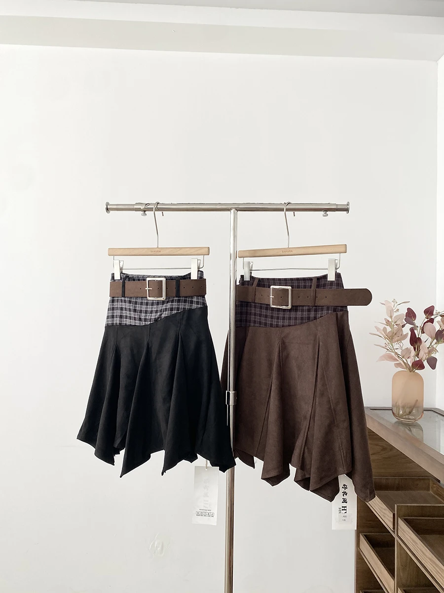 

Women's Autumn Winter Patchwork Paid High Waist A Line Knee Length Skirt Lady Streetwear Irregular Suede Skirt