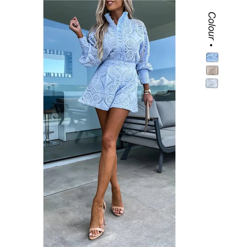 

2026 Early Autumn New Multi-color Single-breasted Stand Collar Casual Lace Shorts Set For Women 23014 Outfits Boho Sexy
