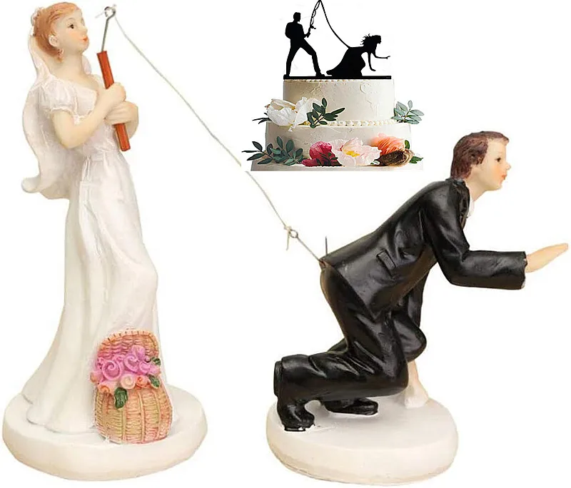 Cake On Fishing Bride Catching Groom Funny Wedding Cake Topper Decor- Bride And Groom Set Black Acrylic Topper