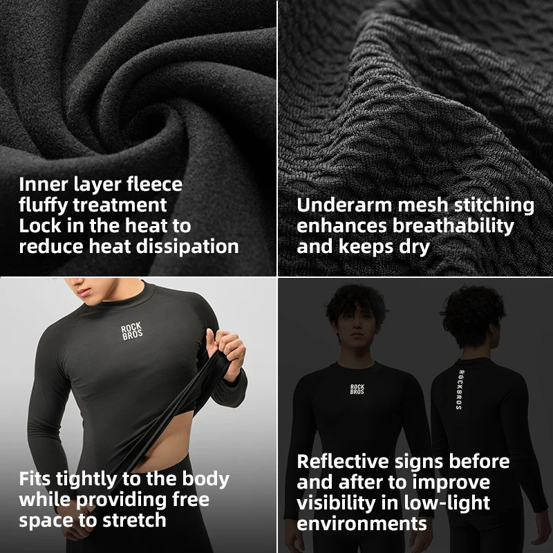 ROCKBROS Men Women Cycling Base Layers Winter Autumn Fleece Warm Bike Inner Top Underwear Windproof MTB Road Bicycle Basic Shirt