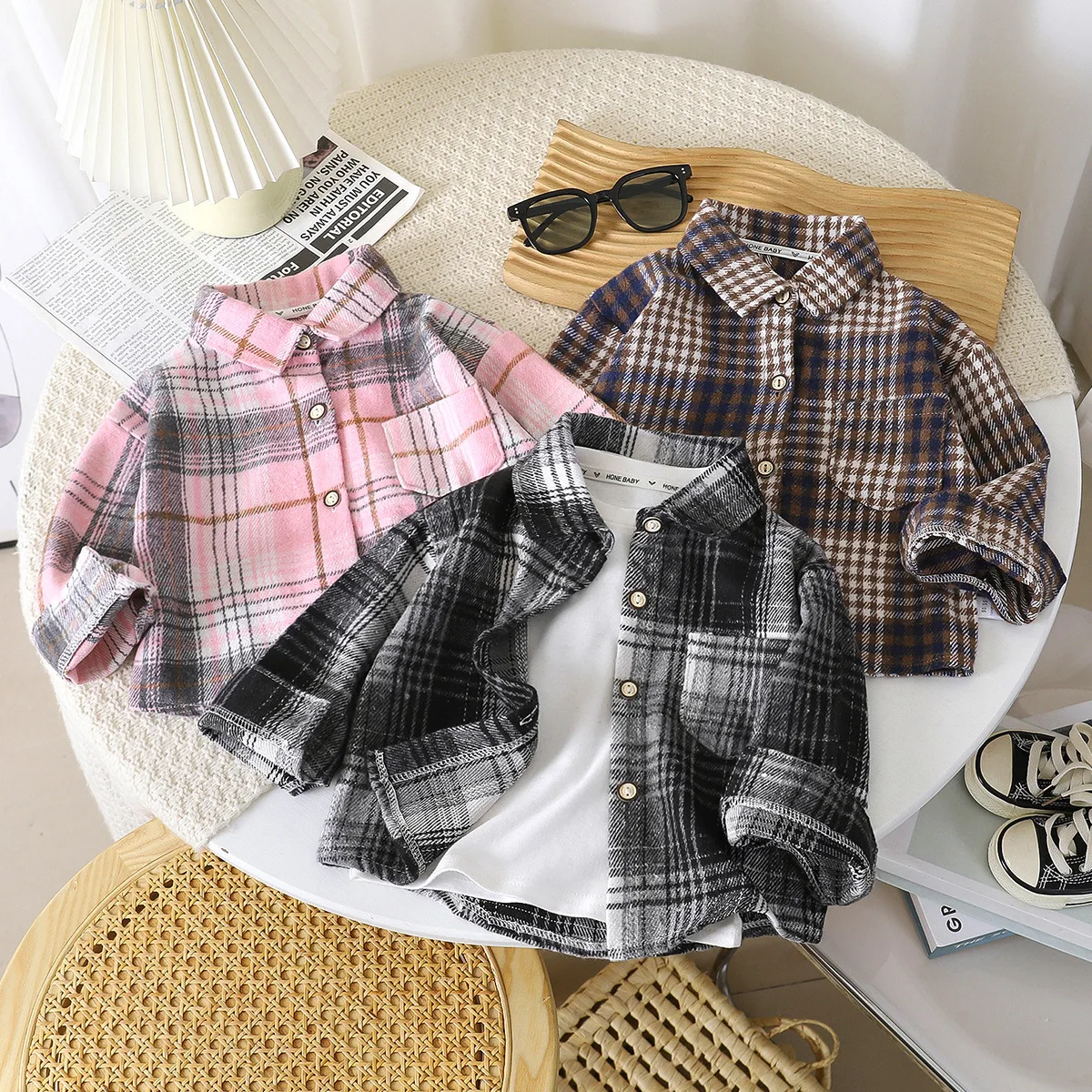 Boys Autumn Plaid Long-sleeve Shirt Girls Children Vintage Color-block Cardigan Baby Casual Collared Top Kids Soft Loose Jacket