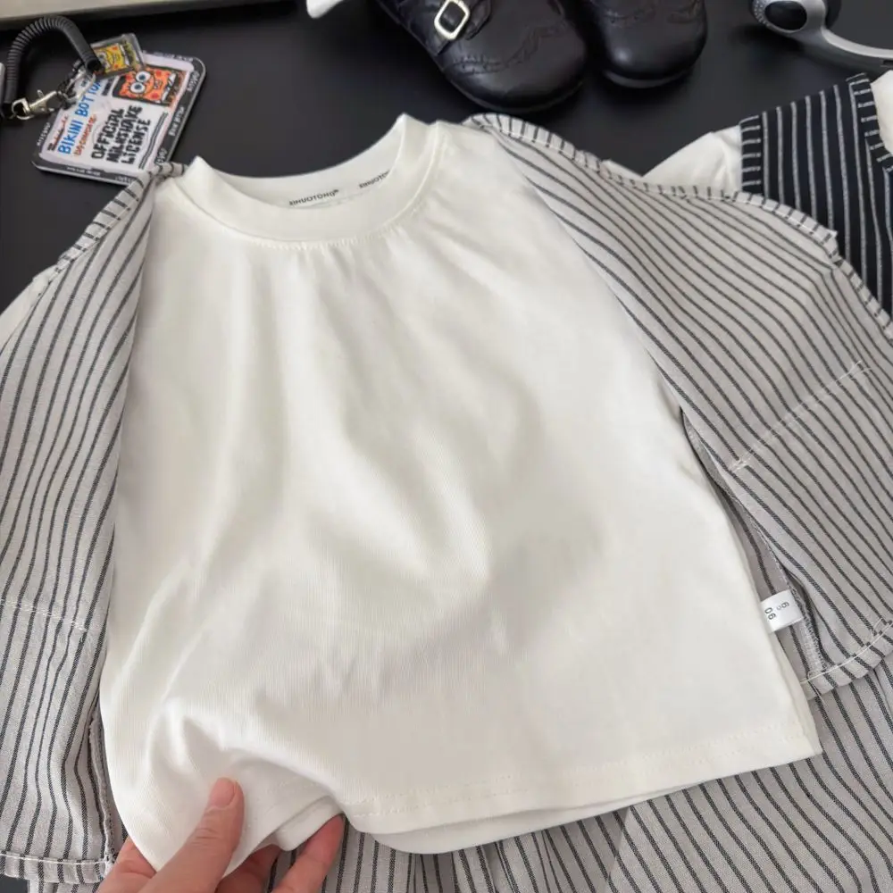 2026 Summer Three Piece Set New Kids Versatile Striped Stylish Fashion Bestseller Casual Cartoon Cardigan Set