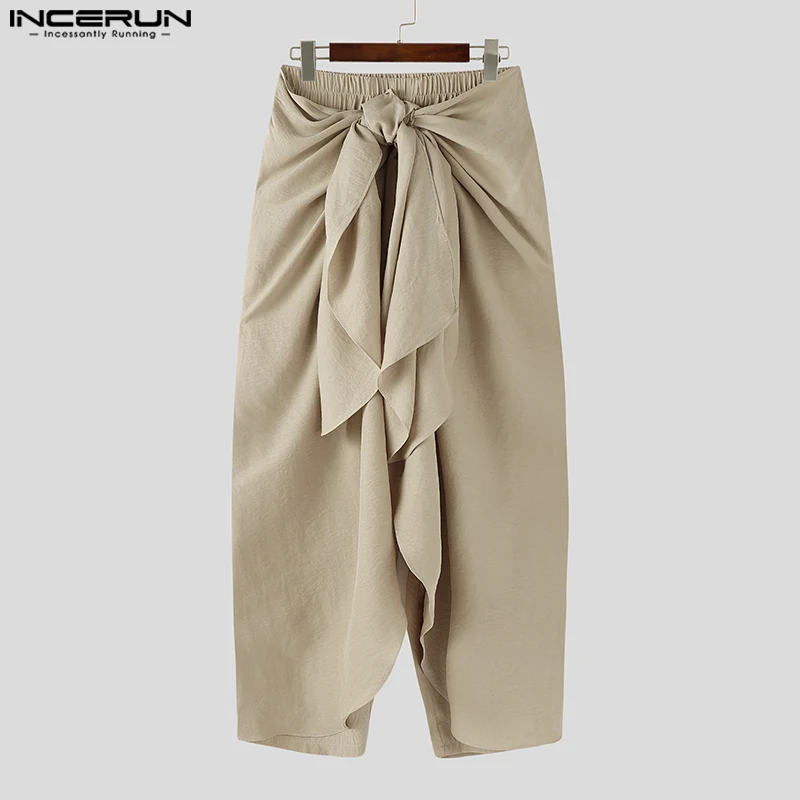 INCERUN Męskie Spodnie Jednolite Kolory Elastyczny Pas Joggers Luźne Sznurowane Spodnie Męskie Streetwear 2025 Plisowane Codzienne Nieregularne Spodnie