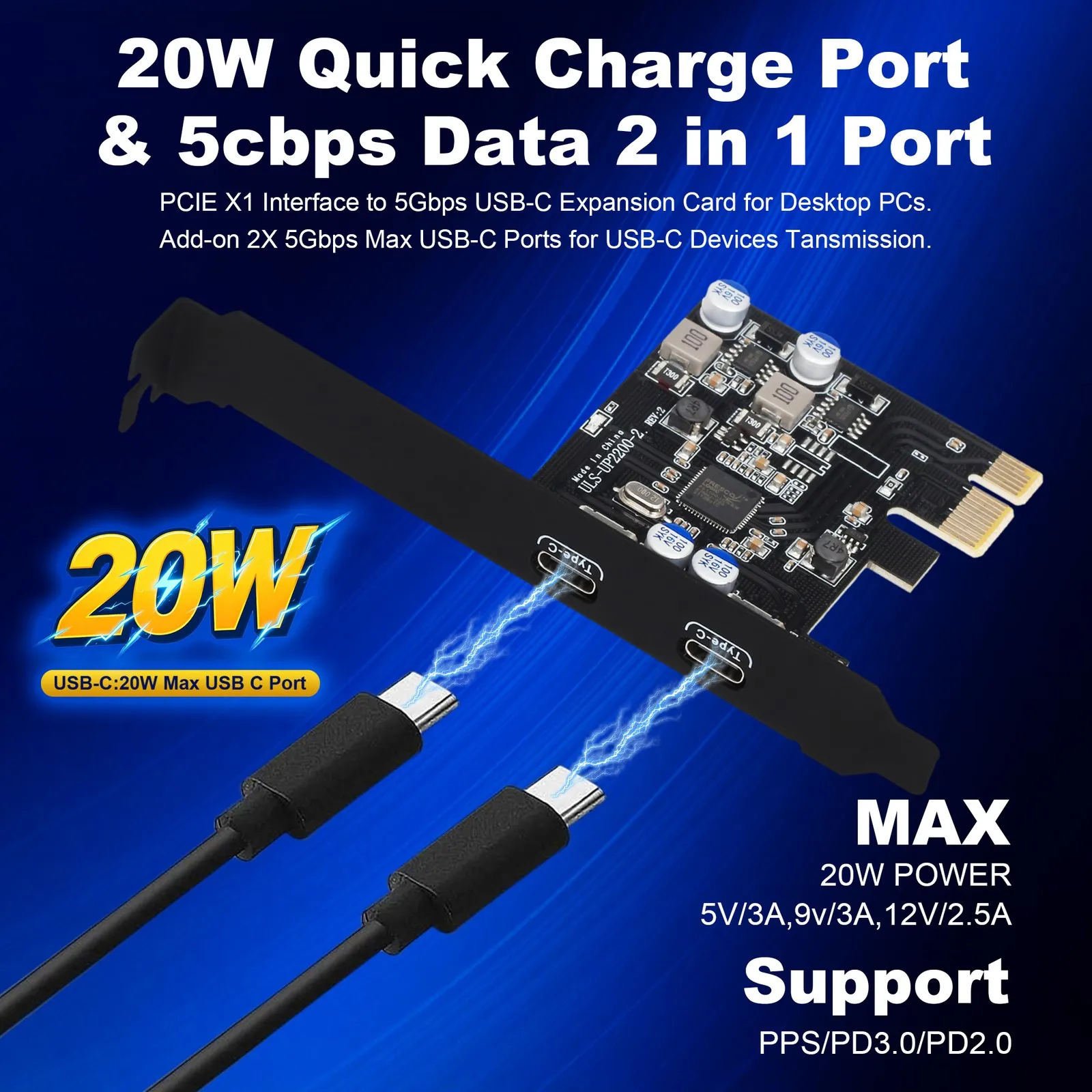 

PCIe to USB C Card, 2 Ports USB 3.1 Gen 1 Type C Expansion Card for Desktop PC