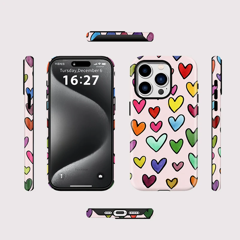 Fcicicase 2 in 1 Magnetic Phone Case For iPhone 15 14 13 12 11 Pro Max 16 17 Air Colorful Love Heart For Magsafe Acrylic Cover - view 2