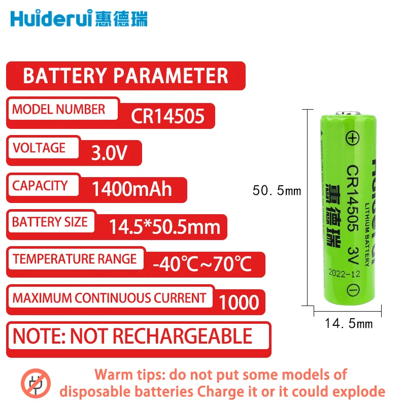 Huiderui 1Pcs CR14505 3V AA Not Rechargeable Lithium Batteries For Wireless Smoke Detector Natural Gas Meter Customizable Plug