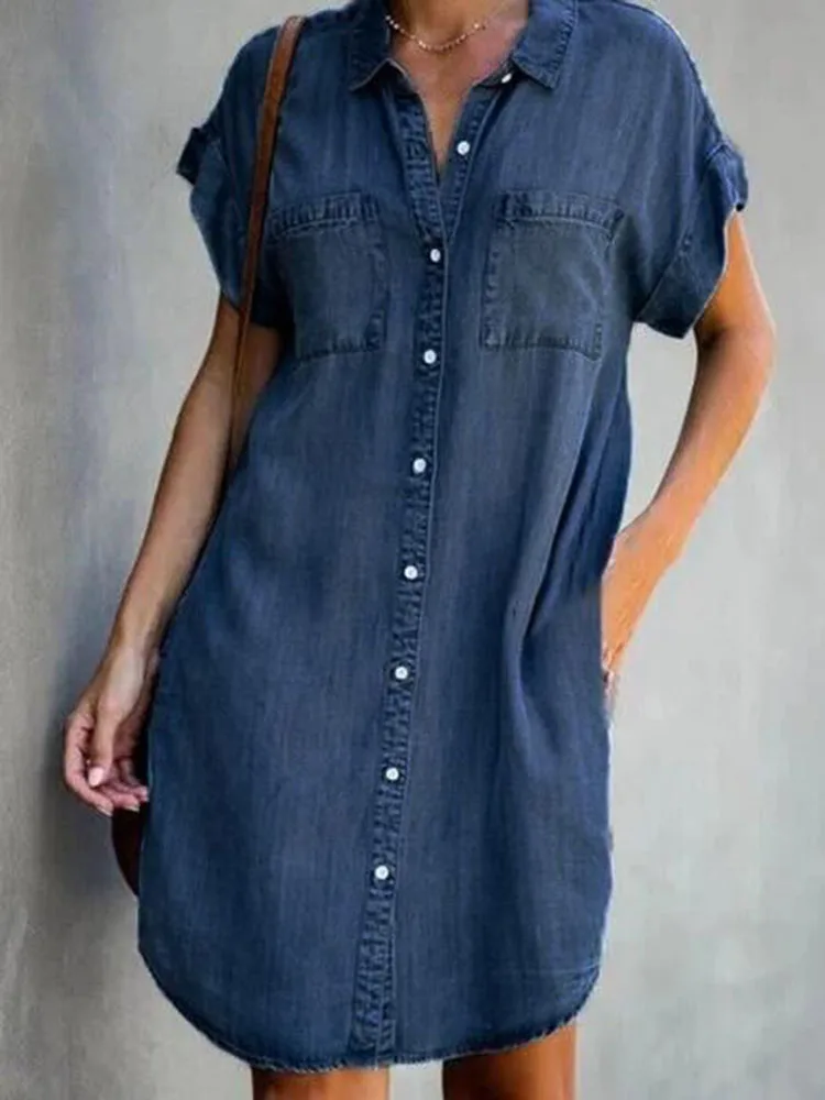 Summer New Single Breasted Denim Shirt Dress Women\'s Casual Loose Pocket Simple Retro Commuter Female Office Denim Short Skirt