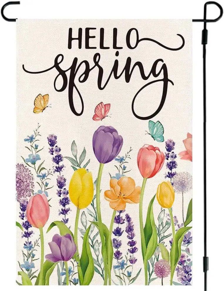 RABUSOFA Hello Spring Tulip Garden Flag for Outside 12x18 Inch Double Sided Farmhouse Seasonal Yard Flags Outdoor Butterfly Lave