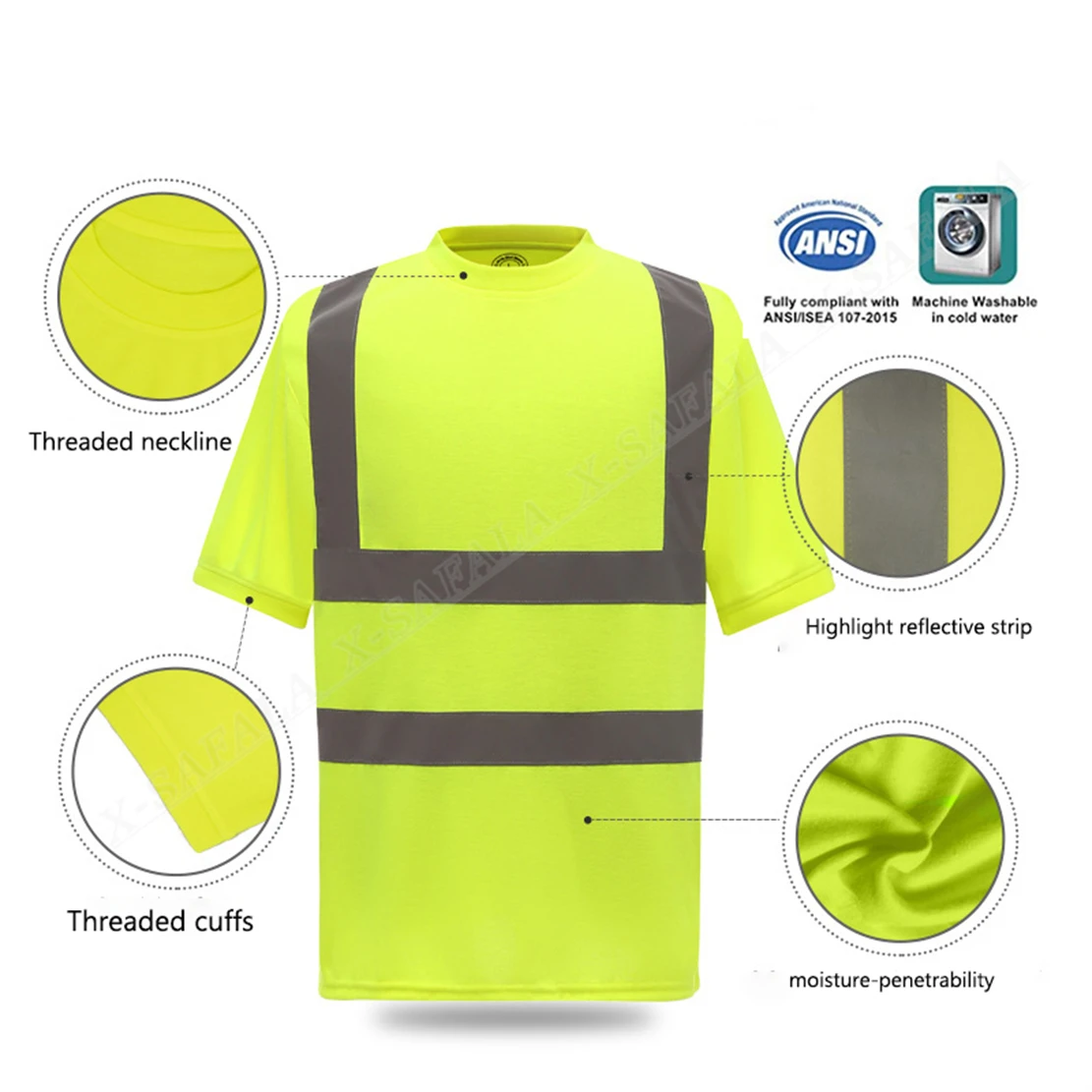 Custom Logo Operator Truck Work Job Reflective Stripe Safety Uniform Tape Workwear T Shirt Top Tee Men Engineering Warning