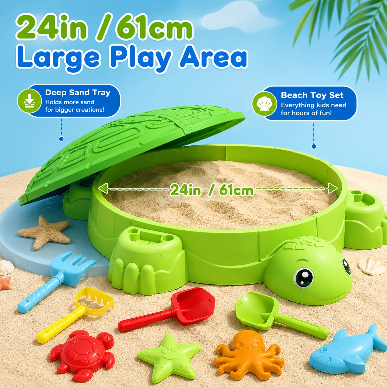 MQUDUO Outdoor Turtle Sandpit Toy, Large 61cm Sandbox with Lid and Accessories for Boys Girls Beach Garden Play - view 5