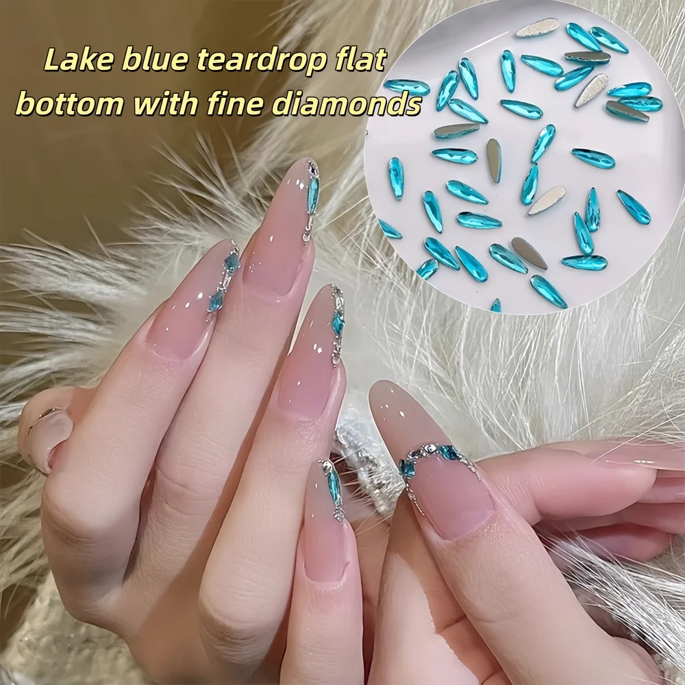 10Pcs Peacock Blue Long Teardrop Nail Rhinestones – Flatback Sparkly Crystal Gems for DIY Nail Art Decor