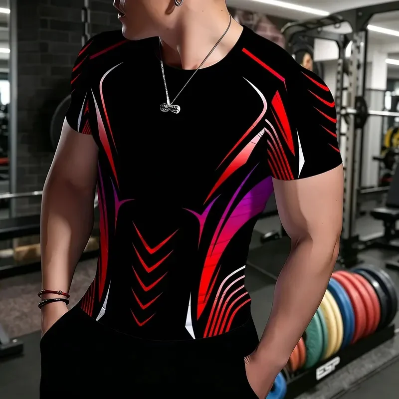 Men's Compression Sports Tshirt Gradient Red Purple Line Graphic Breathable Quick Dry High Elasticity Short Sleeve Gym Training