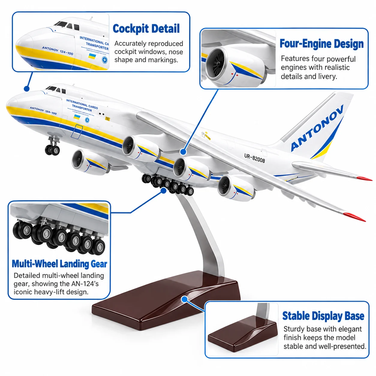 An-124 Ruslan Transport Aircraft Model 42cm Simulation Cargo 1:165 Scale Airplane with Stand & Landing Gear Collectible Gift