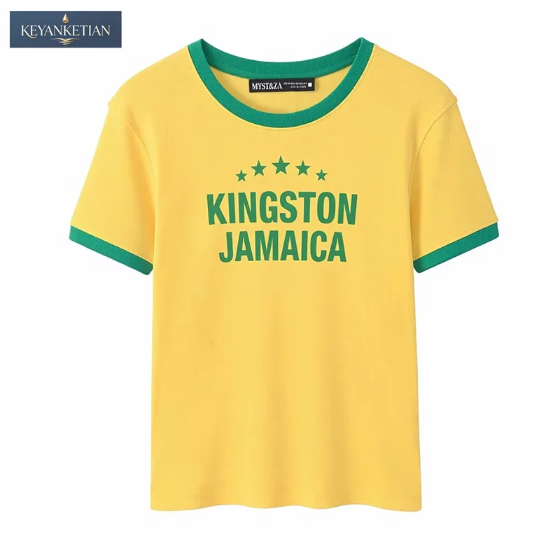 

2026 Summer New Color-Contrasting Letter Print Round-neck Short-sleeved T-shirt - American Street Style Fit Tight-Fitting Tee