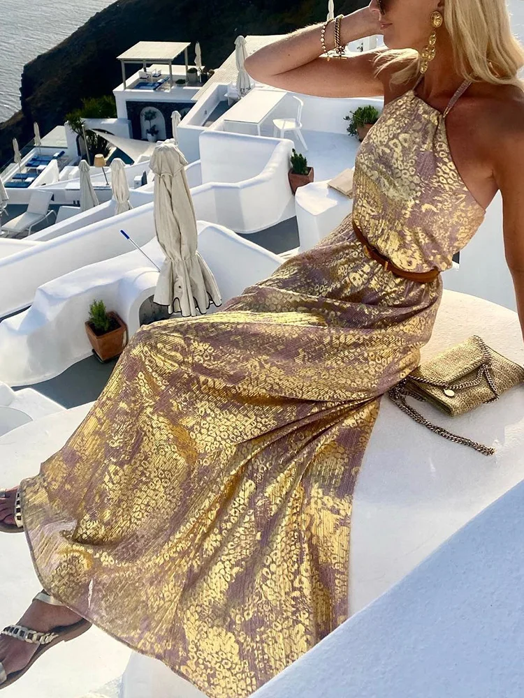 Summer Off Shoulder Women Loose Long Dress Elegant Female Sleeveless Party Club Dress Beach Loose Halter Chic Maxi Dress Vestido