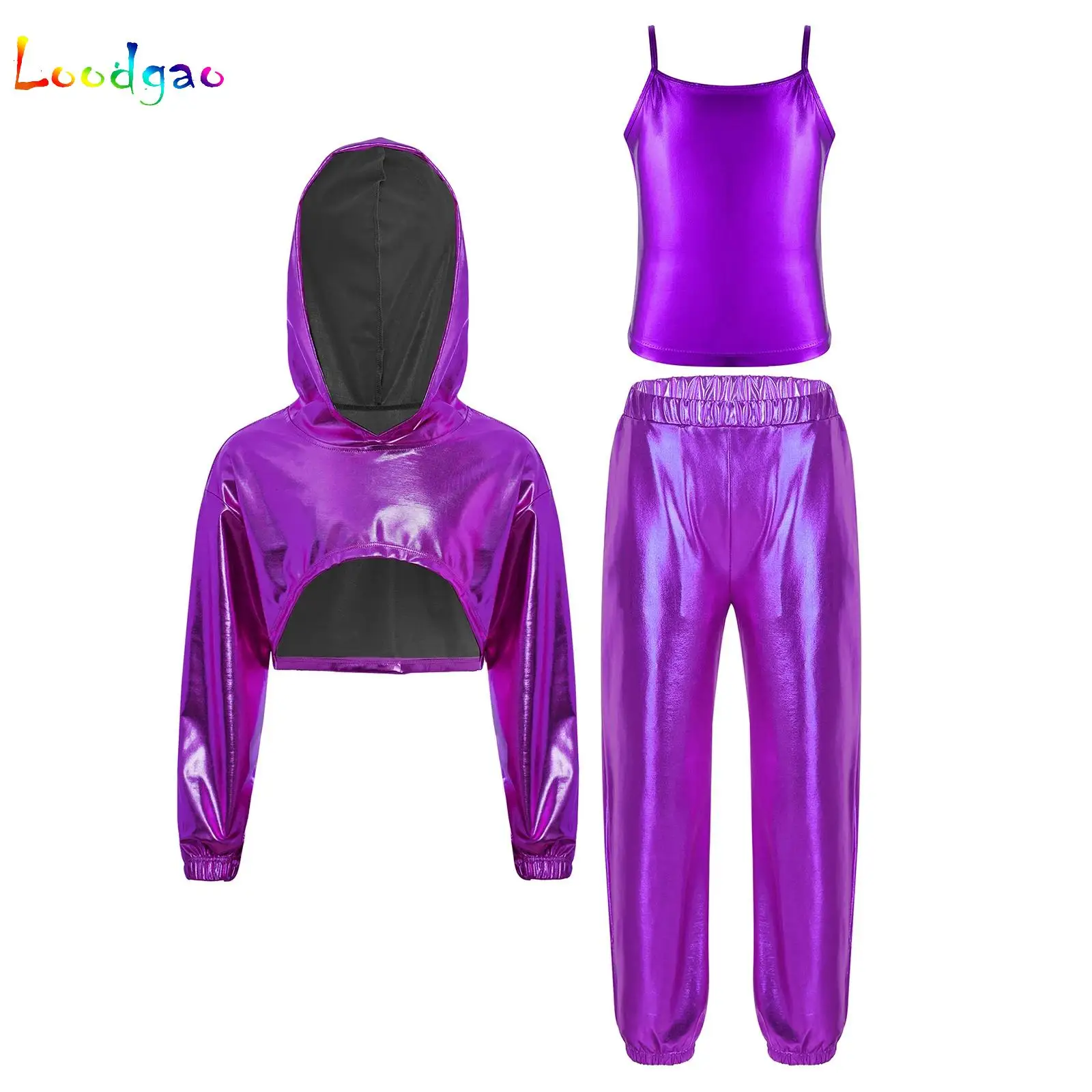 

Kids Dancing Suit Girls Hip-Hop Jazz Dance Performance Costume Long Sleeve Metallic Hip Hop Outfits Cropped Hoodie Vest Pants