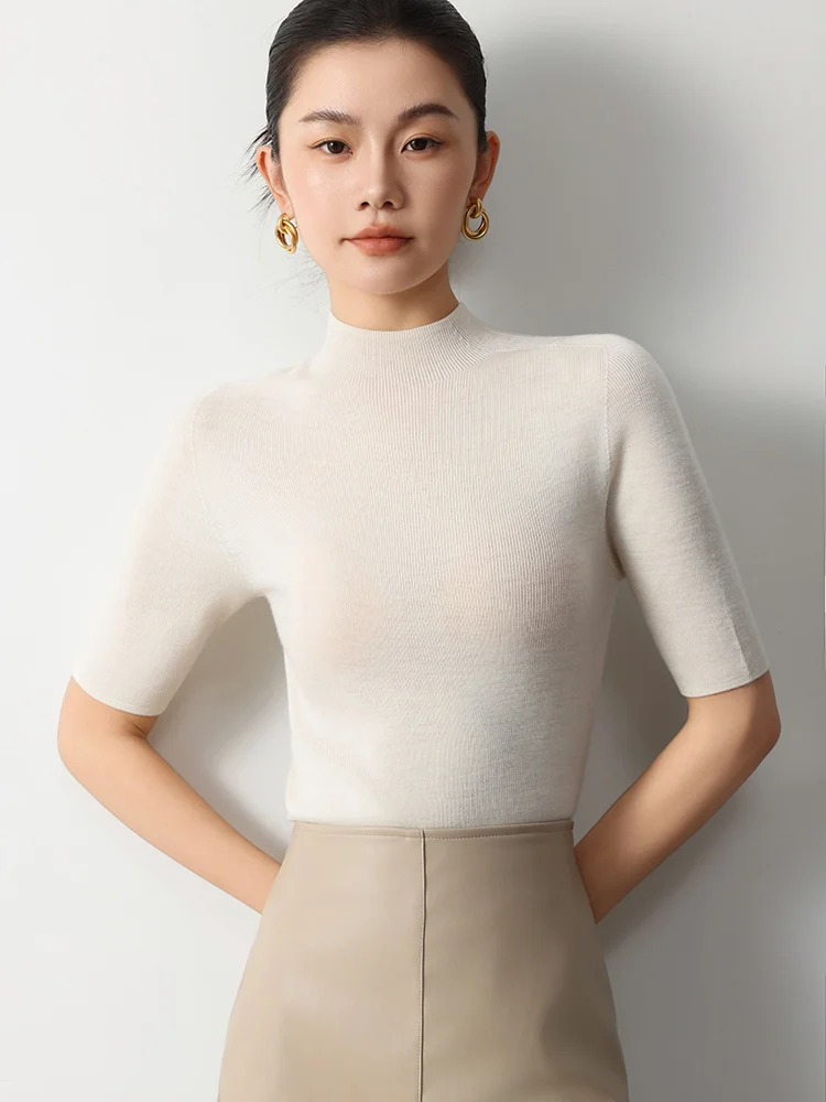 Spring Summer Women 100% Wool Sweater Machine Washable Mock Neck Half Sleeve Slim Pullover Worsted Cashmere Knitwear Autumn Top