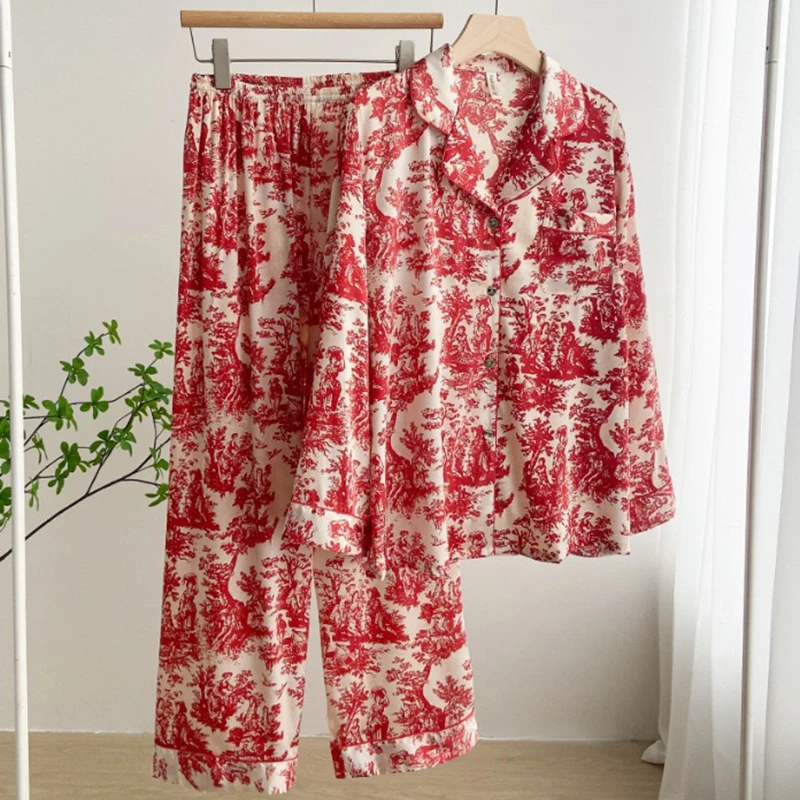 Spring Summer Female Pajamas Set Print Flower Long Sleeve Trouser Pijamas Suit Sleepwear Loose Casual Satin Home Wear Loungewear