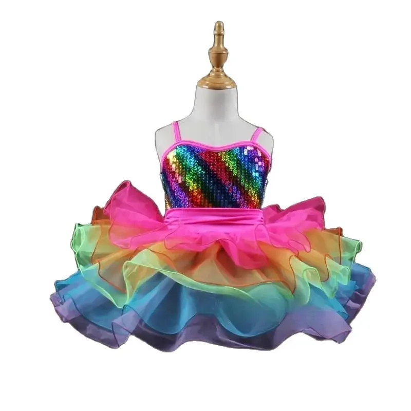 Robe Tutu de danse de Ballet, Costume de spectacle sur scène, vêtements de danse arc-en-ciel pour filles, vêtements de danse de Ballet pour enfants, robe de ballerine à paillettes