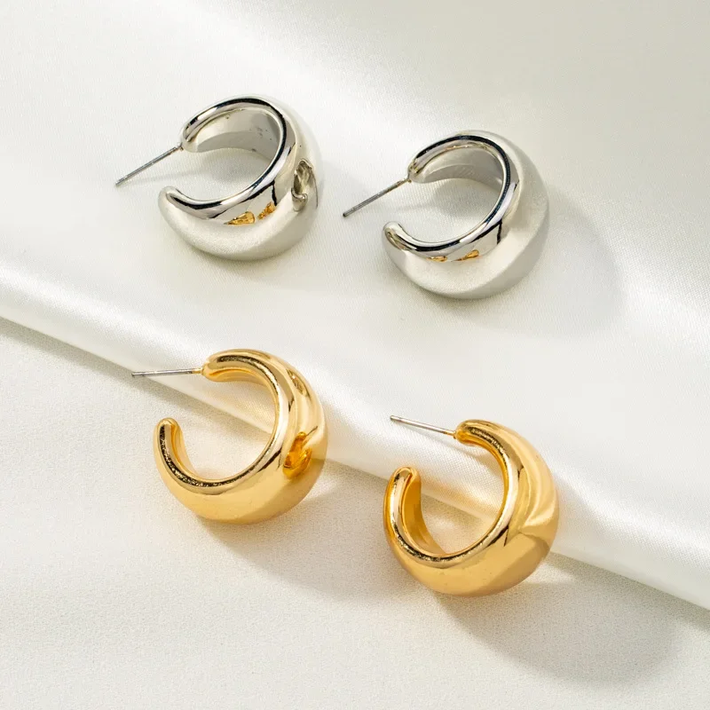 Vintage Chunky Gold Color Hoop Earrings For Women Simple Stainless Steel Smooth Metal Round Circle Earrings Lightweight Jewelry