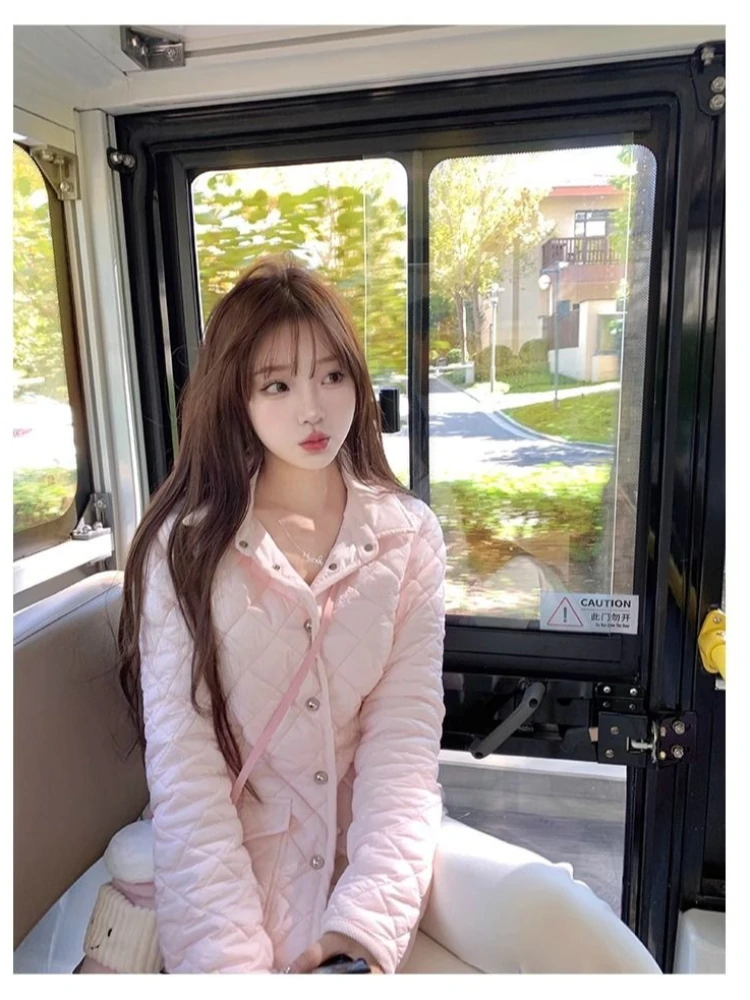 

Autumn and winter sweet and cute style spicy girl short style slim fit diamond grid cotton jacket casual commuting women's top