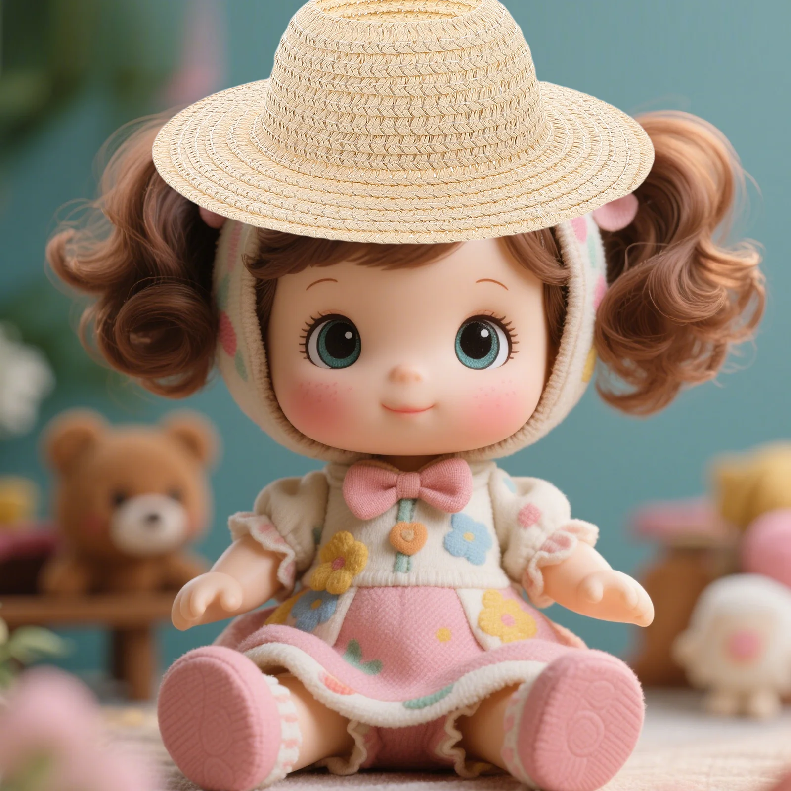Small Handmade Straw Hat 17Cm Wide Brim Open-Top Mini Craft Hat for Dollhouse DIY Costume Summer Outdoor Decoration