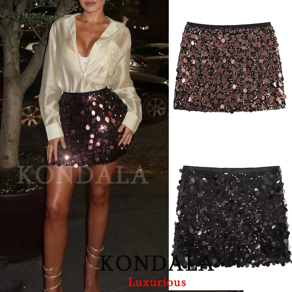 KONDALA Sexy Sequins Mini Party Dress Women High Waist Sheath Evening Club Dress Fashion 2025 Christmas New Year Y2K Girl Skirts