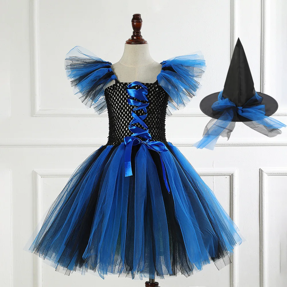 Halloween Girls Dress Cosplay Witch+Hat 2Pcs Suit For 2-12 Years Kids Role-Playing Evil Festival Party Performance Costume