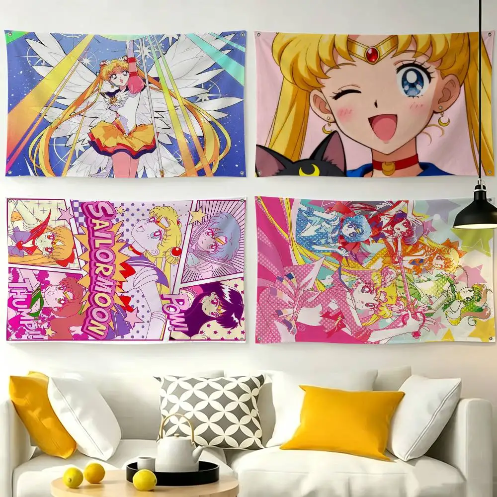 Cartoon S-Sailor M-Moon  Flags Wall Hanging Tapestry Outdoor Garage Room Decorative flag Background Blanket