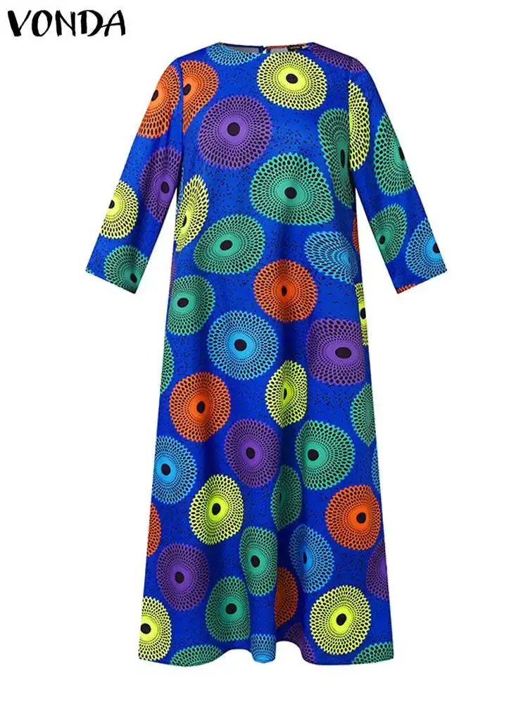 Plus Size 5XL VONDA Summer Vintage Long Dress Women Fashion Bohemian Printed Maxi Sundress Casual Loose 3/4 Sleeve Party Robe