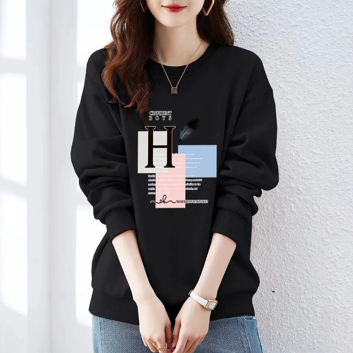 Women Clothing Letter Printed Pure Cotton Sweatshirts Autumn Winter Loose Large Version Long Sleeve Hoodies O-neck Pullover Tops