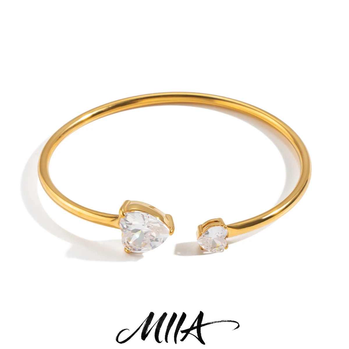 Miia Jewelry Double Heart CZ Open Cuff Bangle 18K Gold Stainless Steel Polished Thin Minimalist Adjustable Bracelet For Women