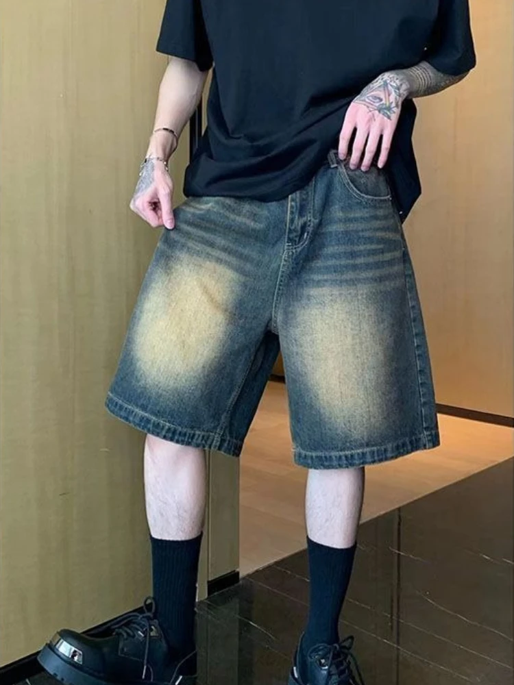 

Men's Slim Fit Vintage Washed Denim Shorts Retro American Style Baggy Straight Leg Five Points Casual Hong Kong Fashion