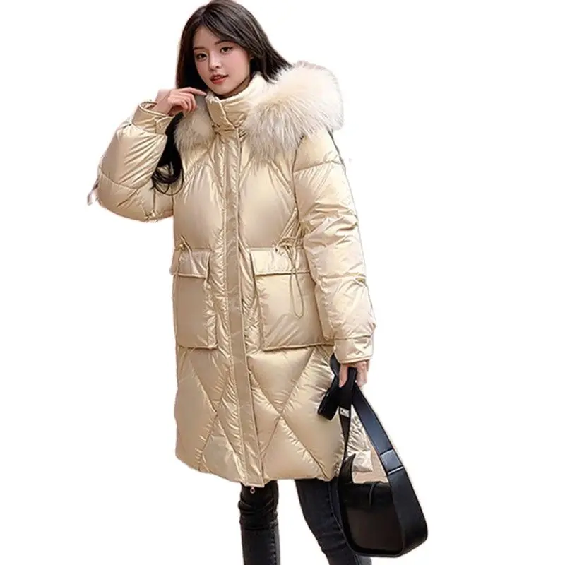 

2023new Winter Bright Hooded Down Women's Mid-length Korean Version Loose Foreign-style Padded Casual Women