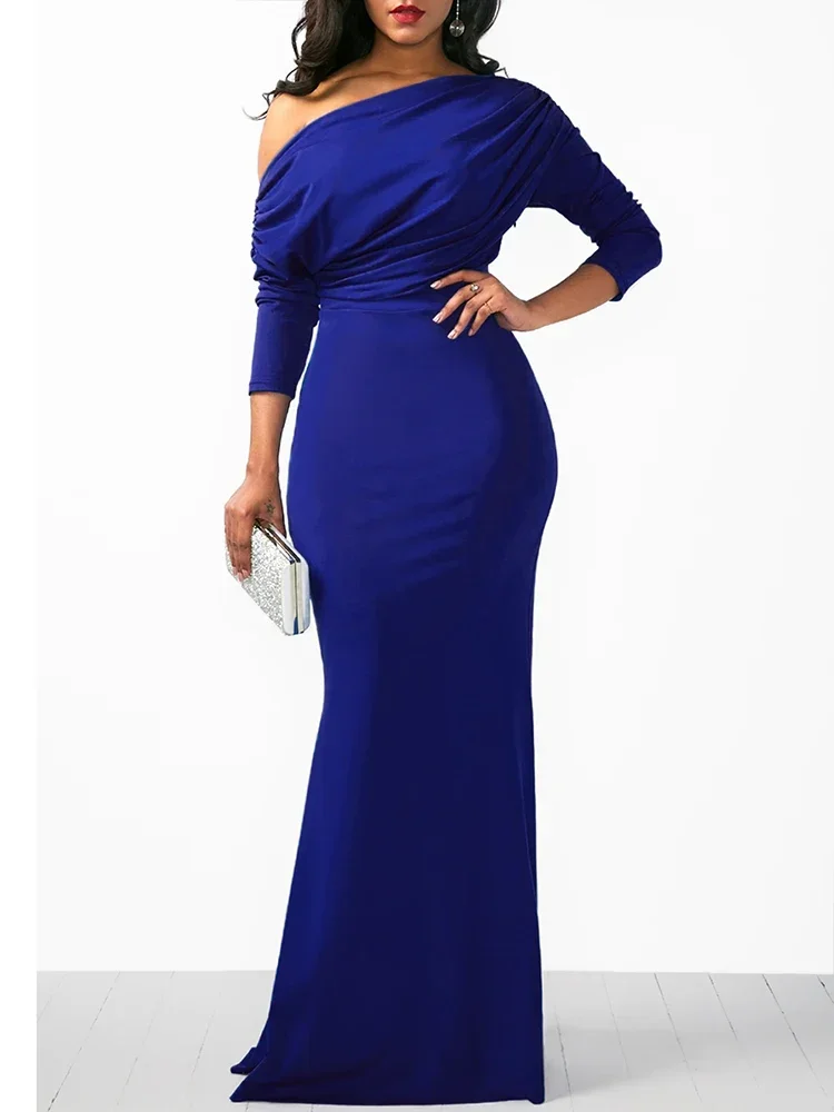 2024 Summer Women Dresses  Oblique Shoulder Long Sleeved Pleated Evening Dress Vestidos De Mujer Elegant Maxi Robe Female