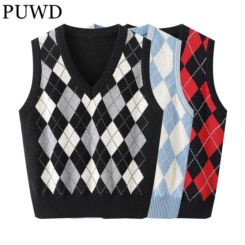 PUWD Women Argyle Sweater Vest 2022 Spring Fashion Ladies Slim V Neck Sleeveless Pullover Female Y2K Preppy Style Sweater Vest