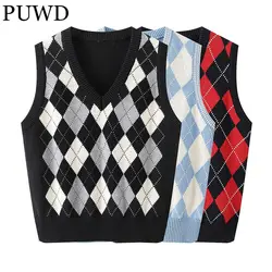 PUWD Women Argyle maglione Vest 2022 Spring Fashion Ladies Slim scollo a V Pullover senza maniche donna Y2K Preppy Style maglione Vest