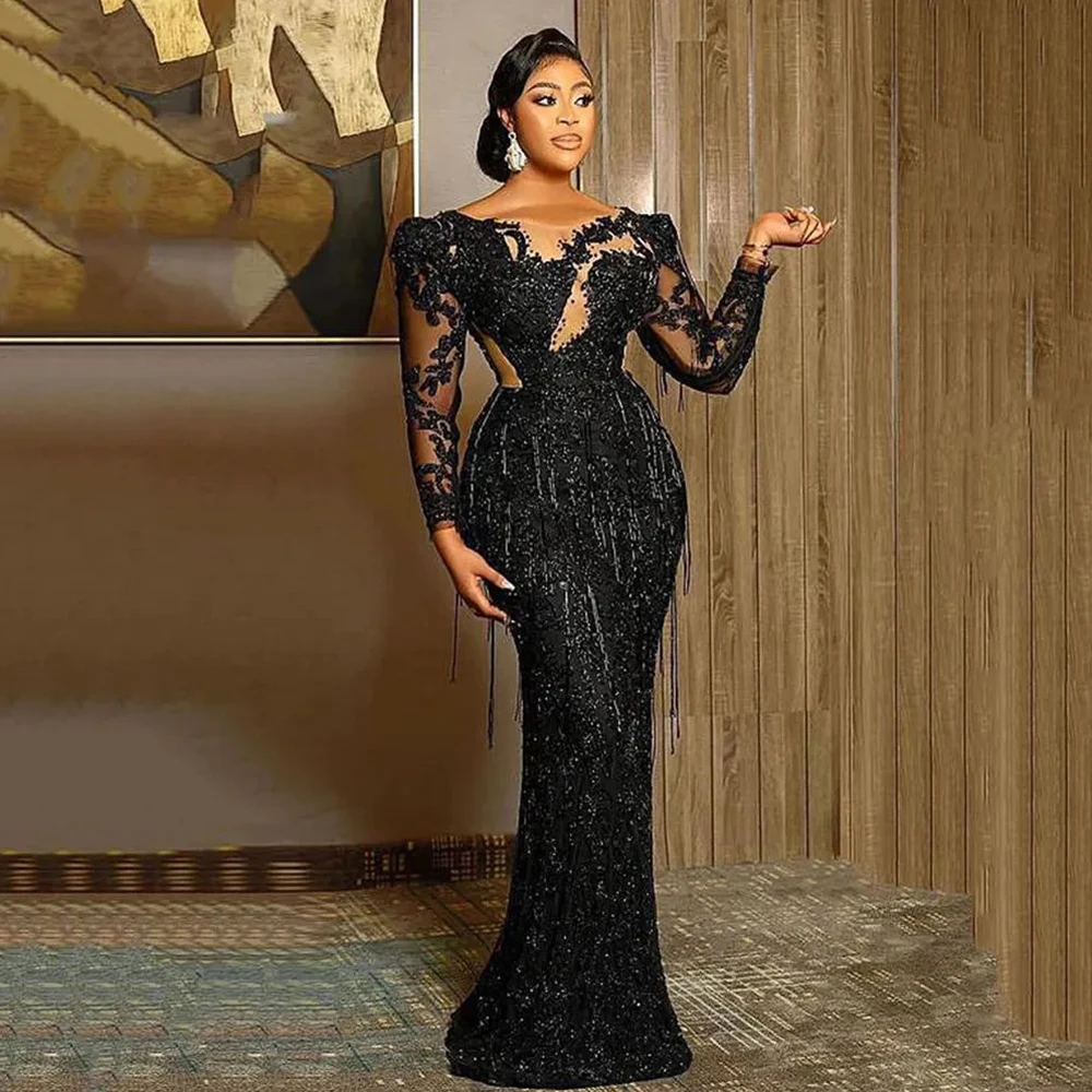 Fashion Beautiful Evening Dresses For Women Fascinating Lace Applique Sexy Round Neck Long Sleeves Slimming Party Prom Gowns